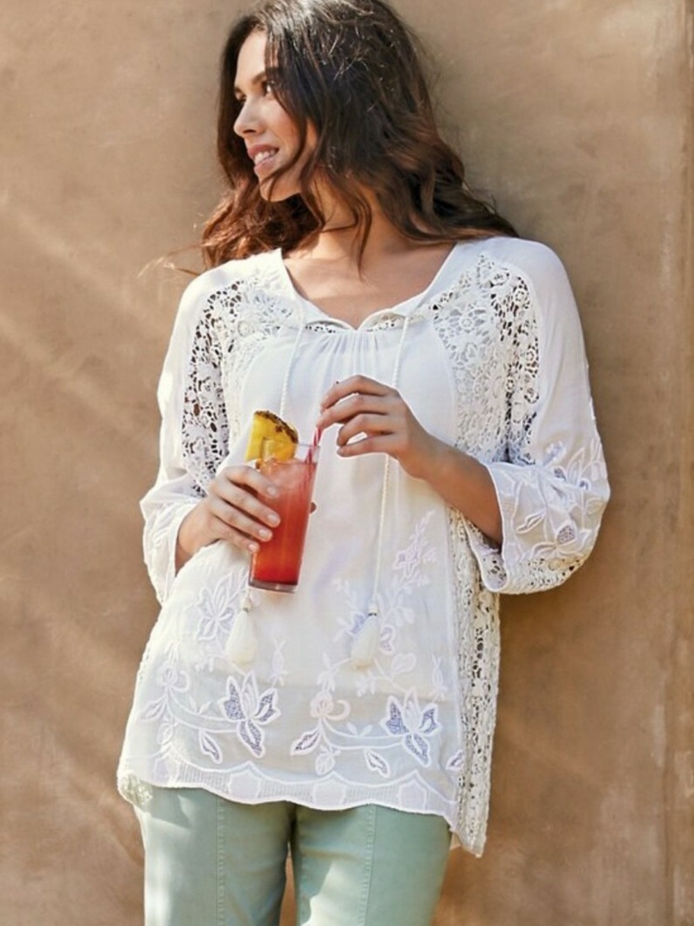 Soft Surroundings Renoir Top Flowy Crochet Peasant Scalloped 3/4 Sleeve Sz Small